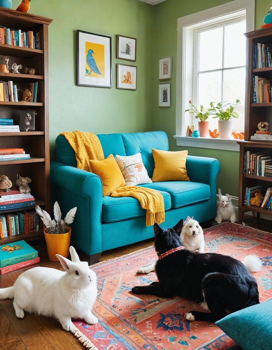 A warm, inviting scene of diverse pet guardians caring for their pets—an affectionate dog, a playful cat, a curious rabbit, and a colorful bird, all set in a cozy living room filled with pet accessories. Show vibrant expressions of joy and camaraderie among the pets and their owners, surrounded by pet care books and toys, illustrating a sense of responsibility and love. The color palette should be bright and cheerful to evoke a feeling of happiness and bonding. illustration style: vibrant colors. super-realistic.