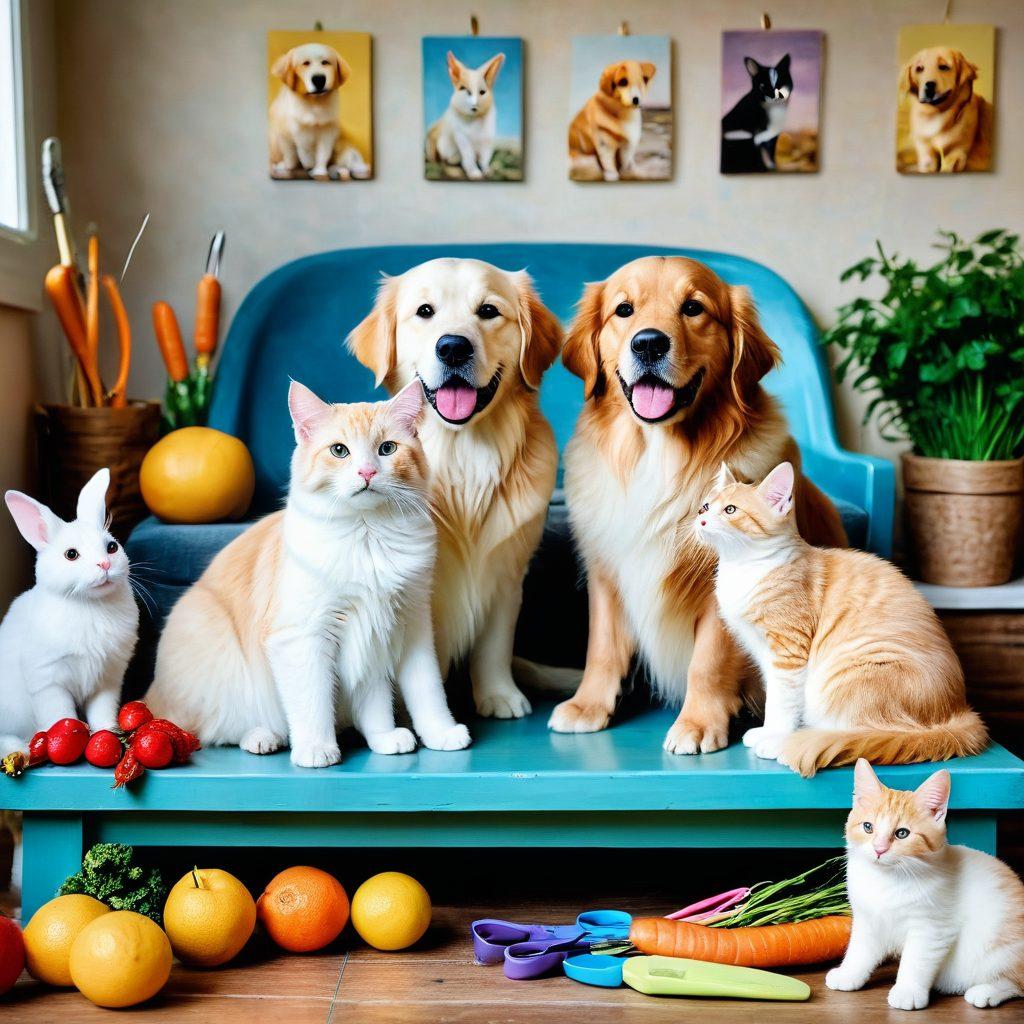A heartwarming scene showcasing happy pets of various breeds engaging in nourishing activities, surrounded by fresh fruits, vegetables, and grooming tools like brushes and scissors. Include a serene background with soft pastel colors and playful elements like wagging tails and gentle smiles. Capture the essence of care and companionship in a harmonious setting. super-realistic. vibrant colors. soft pastel background.